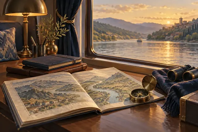 Illustration of an open guidebook beside a river cruise ship window